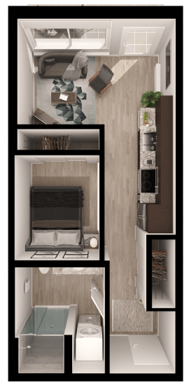 a tiny house with a bathroom and a living room